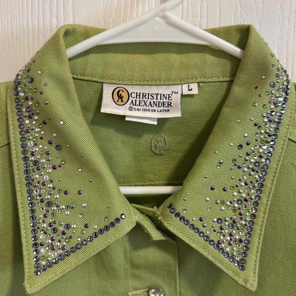 Christine Alexander Women's Large Green Denim Rhinestone Long Sleeve Button Down - Picture 7 of 15
